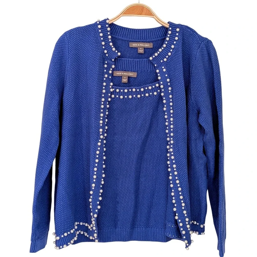 Kate & Mallory Blue Pearl Embellished Knit Cardigan Tank‎ Set Size S NWOT